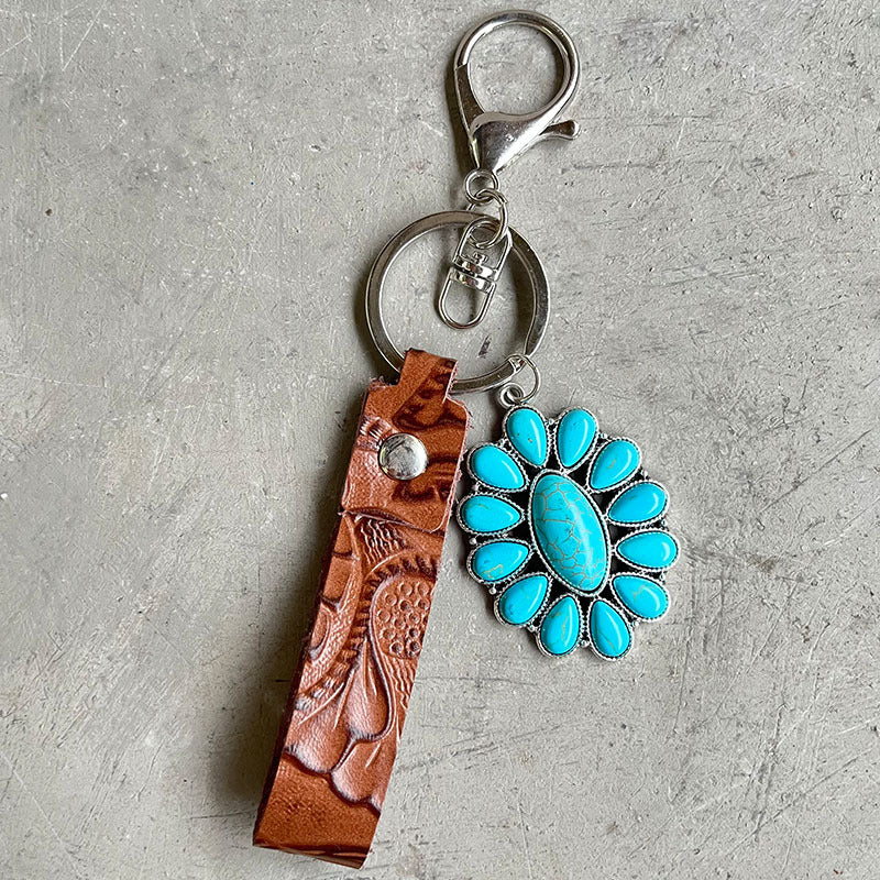 Wholesale 2pcs Vintage Embossed Cowhide Western Style Turquoise Pumpkin Flower Textured Cowhide Keychains